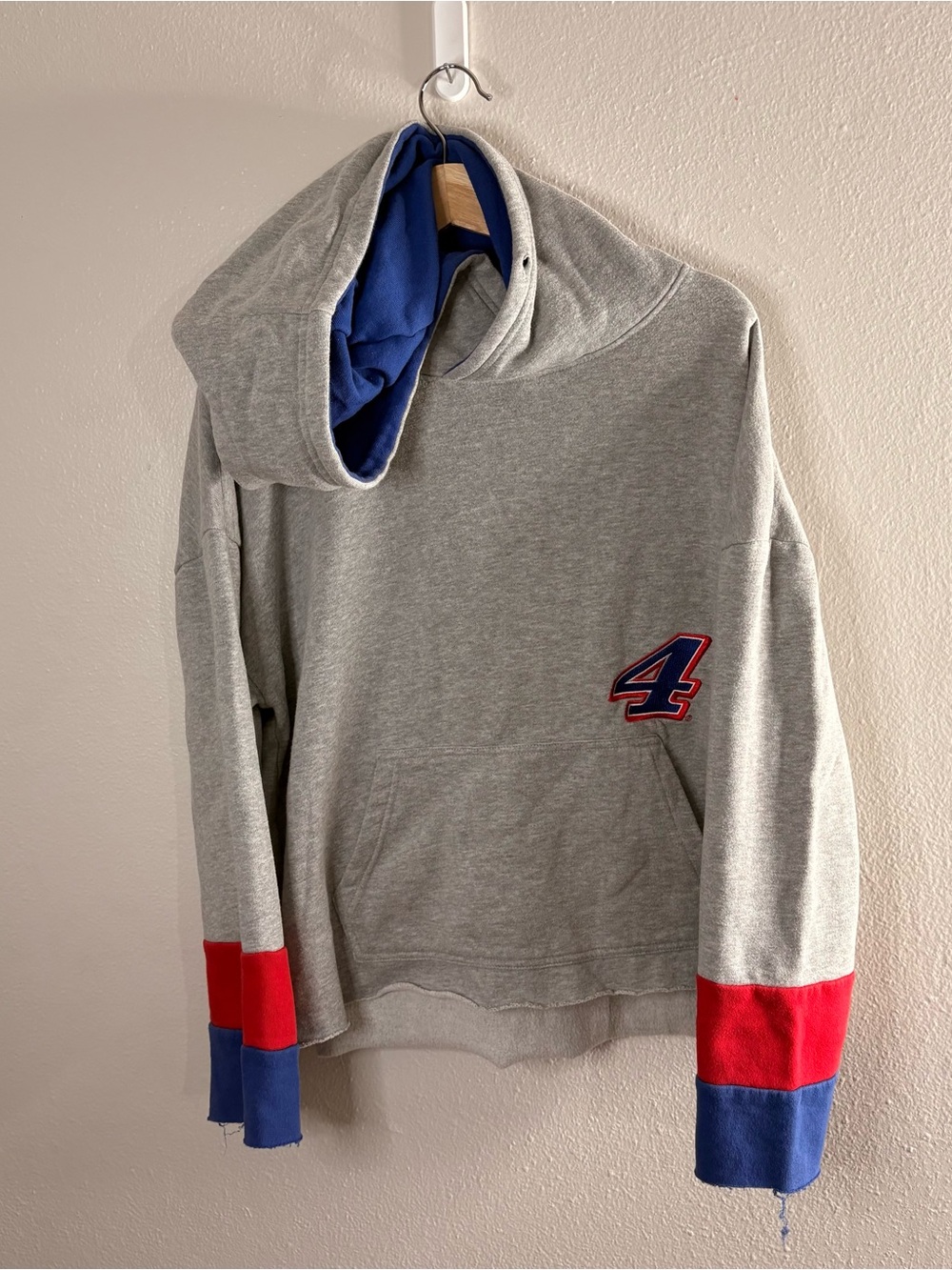 Gray Hoodie with Blue & Red Accents Pullover